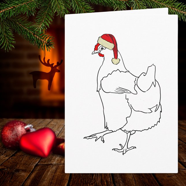 Chicken Christmas cute hen drawing  Card (Cute christmas chicken wearing a santa hat, simple farm hen line art drawing holiday greetings card)