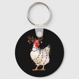 Chicken Christmas Lights Reindeer Santa Hat Chicke Key Ring