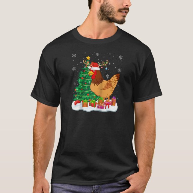 Chicken Christmas Lights Reindeer Santa Hat Christ T-Shirt (Front)