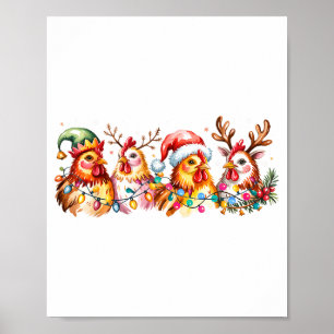 Chicken Christmas Lights Santa Hat Farm Animals He Poster