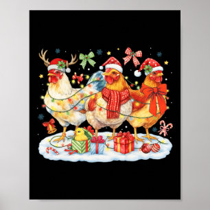 Chicken Christmas Lights Santa Hats Reindeer Funny Poster