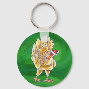 Chicken Christmas On Green Key Ring