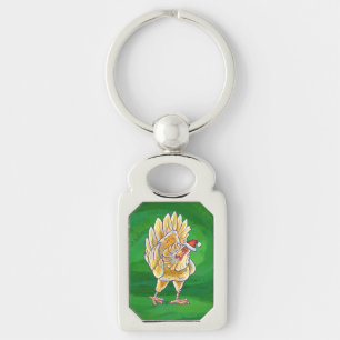 Chicken Christmas On Green Key Ring