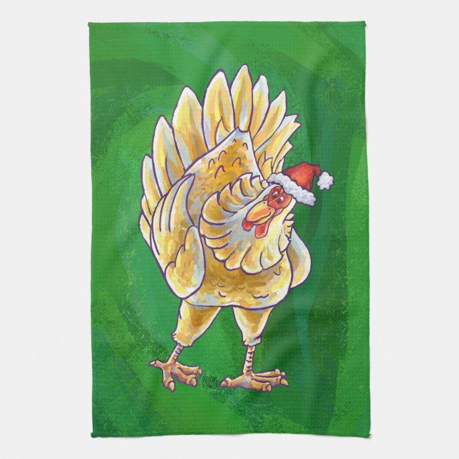 Chicken Christmas On Green Tea Towel (Vertical)