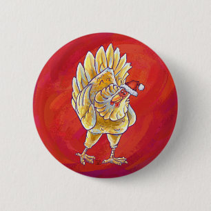 Chicken Christmas On Red 6 Cm Round Badge