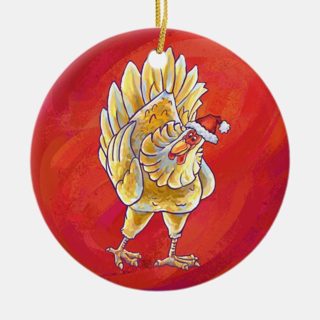 Chicken Christmas On Red Ceramic Tree Decoration (Front)