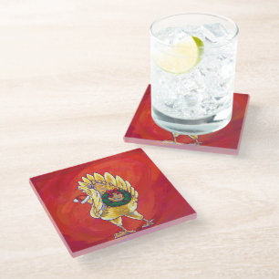 Chicken Christmas On Red Glass Coaster