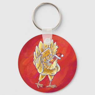 Chicken Christmas On Red Key Ring