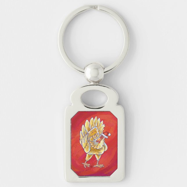 Chicken Christmas On Red Key Ring (Front)