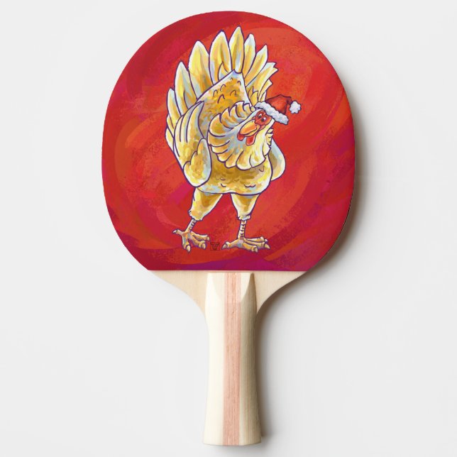 Chicken Christmas On Red Ping Pong Paddle (Front)
