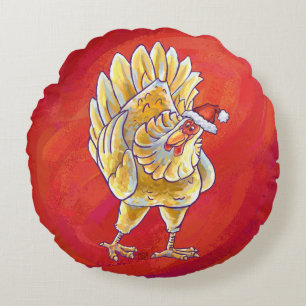 Chicken Christmas On Red Round Cushion