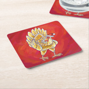 Chicken Christmas On Red Square Paper Coaster
