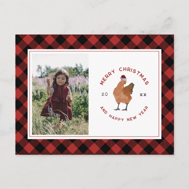 Chicken Christmas Photo Buffalo Plaid Holiday Postcard (Front)