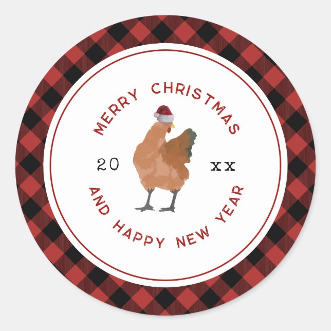 Chicken Christmas Plaid Classic Round Sticker (Front)