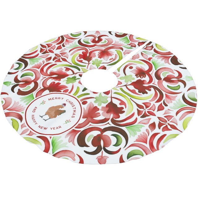 Chicken Christmas Red & Green Watercolor Brushed Polyester Tree Skirt (Angled)