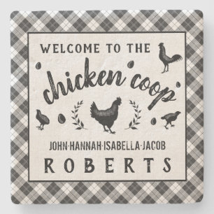 Chicken Coop Hen Black Buffalo Check Plaid Country Stone Coaster