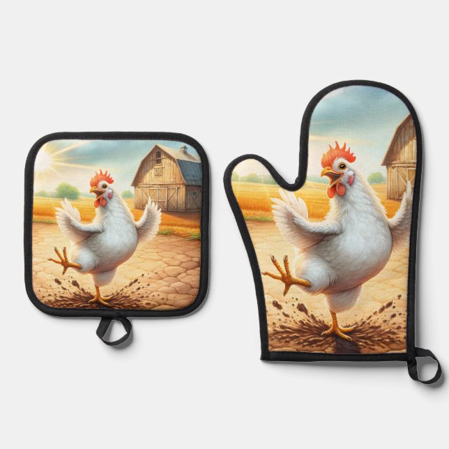 Chicken Dancing In Barnyard Oven Mitt & Pot Holder Set (Front)