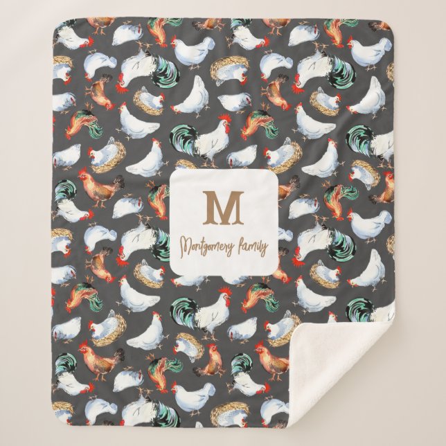Chicken Family Farmhouse Monogram Sherpa Blanket (Front)