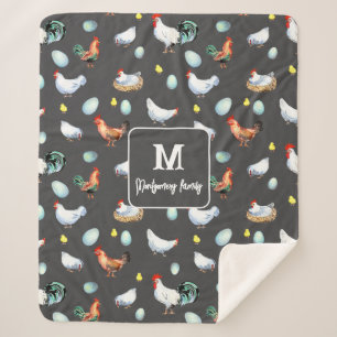 Chicken Family Farmhouse Monogram Sherpa Blanket
