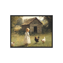 Chicken Farm Girl and Bird Simple Farm Wall Art