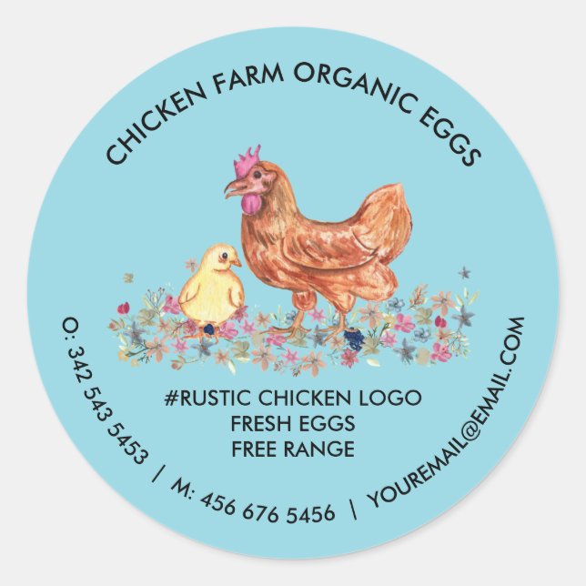 Chicken Farmhouse Organic Fresh Eggs blue Classic Round Sticker (Front)