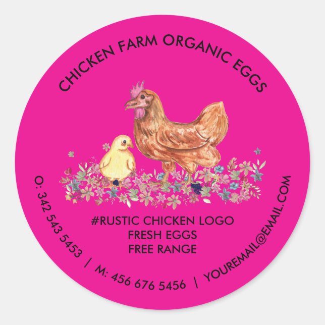Chicken Farmhouse Organic Fresh Eggs pink Classic Round Sticker (Front)