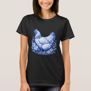 Chicken Floral Blue Toile De Jouy Cute Chicken Far T-Shirt
