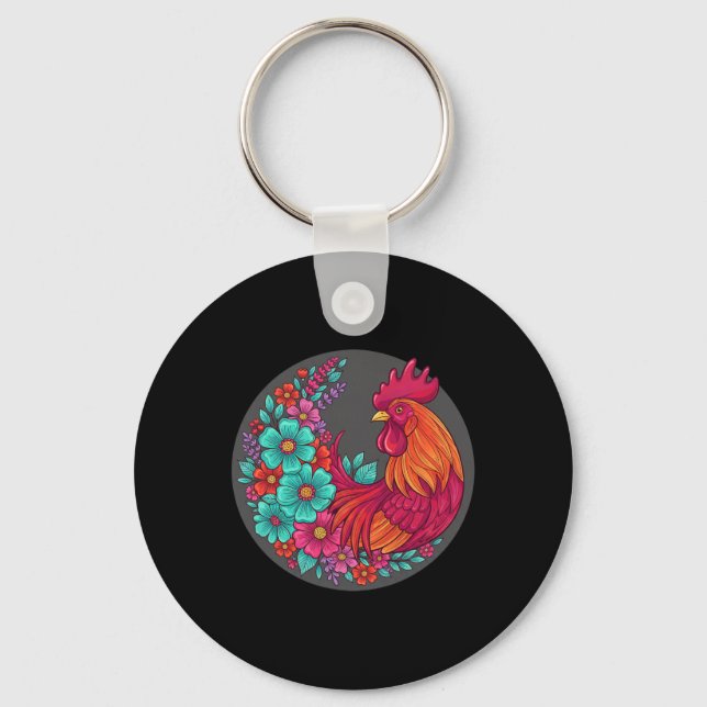 Chicken Floral Rooster Circle, Bold Rnyard Bloom  Key Ring (Front)