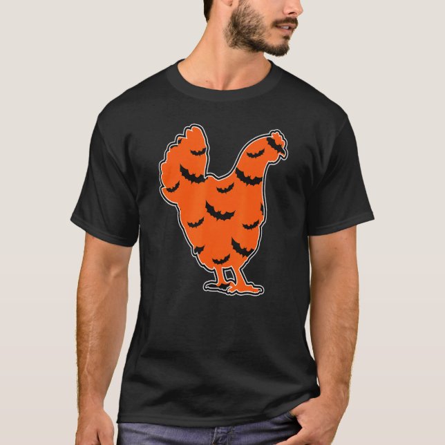 Chicken Halloween Pattern Bats Orange Black T-Shirt (Front)
