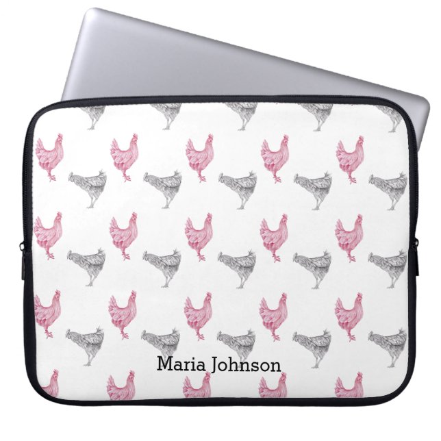 Chicken hand-drawn pattern | customise name. laptop sleeve (Front)