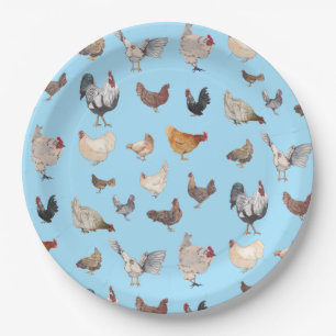 Chicken Happy pattern on Blue Paper Plate