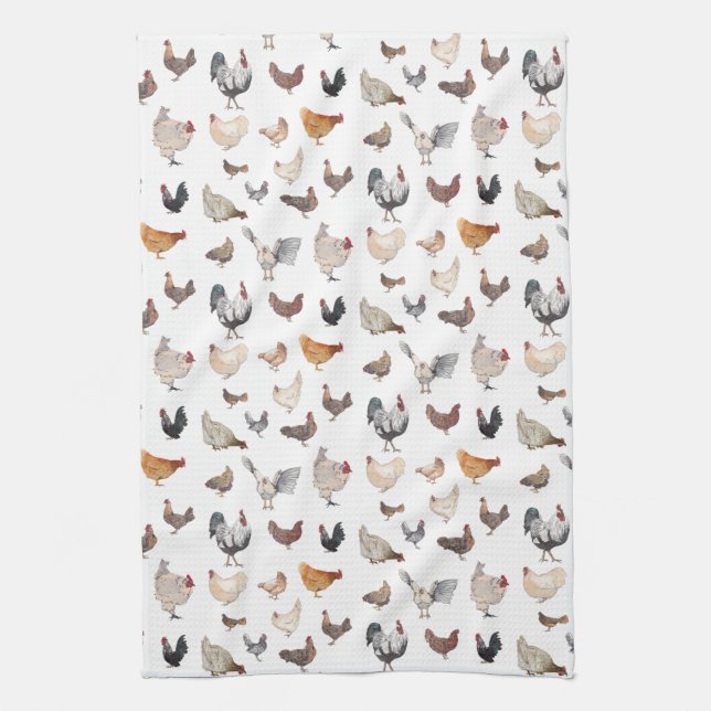 Chicken Happy pattern white Tea Towel (Vertical)