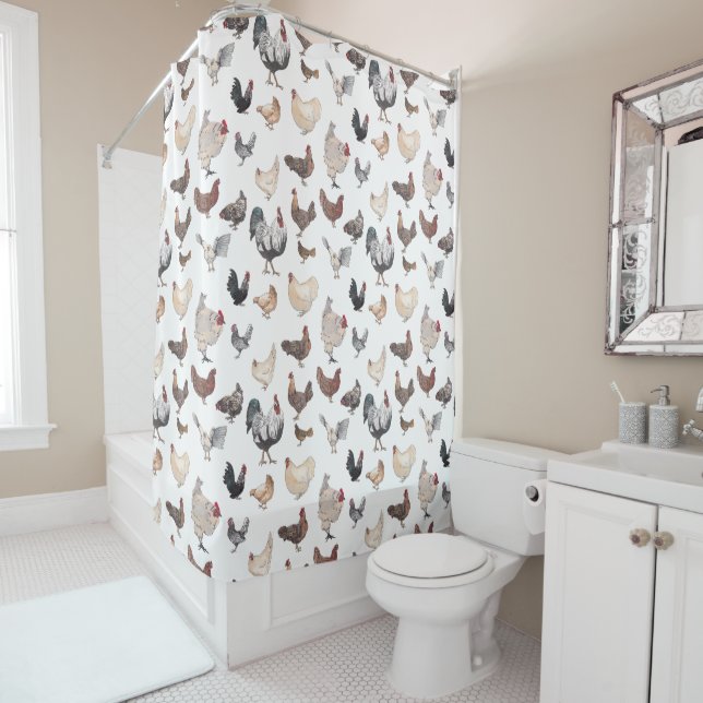 Chicken Happy Watercolor Print Shower Curtain (In Situ)