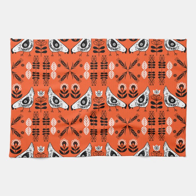 Chicken Hen Folk Art Tea Towel (Horizontal)