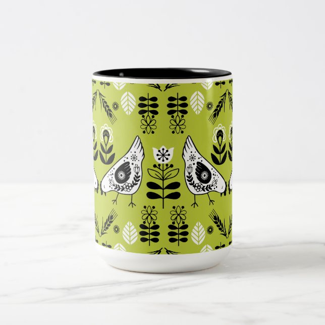 Chicken Hen Folk Art Two-Tone Coffee Mug (Center)