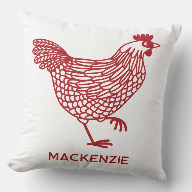Chicken Hen Poultry Personalised Red and White Cushion (Personalized name red chicken hen poultry farmhouse throw pillow)
