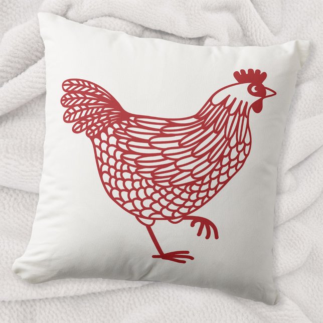 Chicken Hen Poultry Red and White Cushion (Red and white hen chicken poultry art throw pillow)