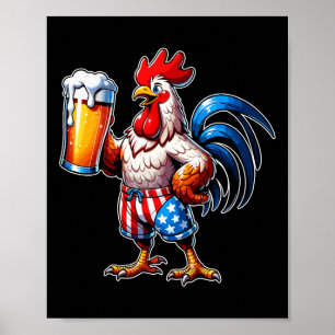 Chicken Holding Beer Usa Flag 4th Of July Patrioti Poster