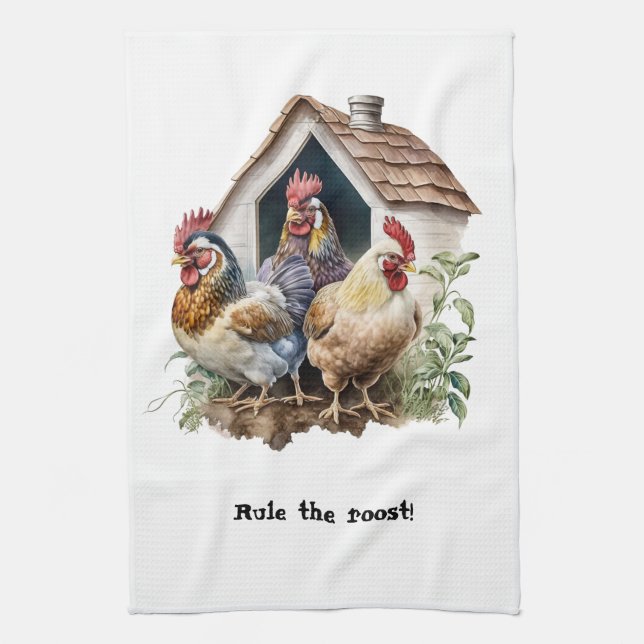 Chicken House  Rooster and Hens Tea Towel (Vertical)