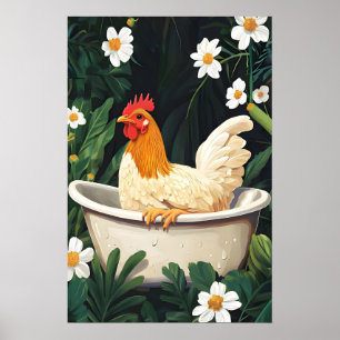 Chicken In Bathtub Poster, Funny Animal Poster