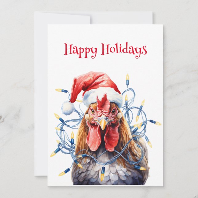 Chicken in Lights Watercolor Christmas Holiday Card (Front)