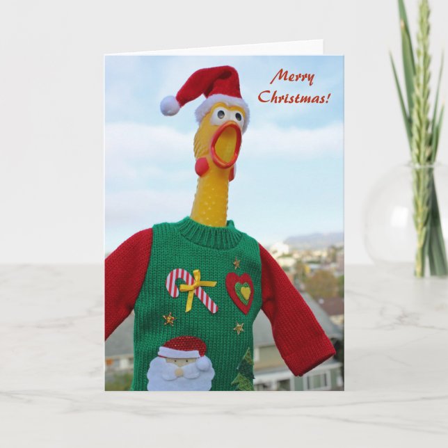 Chicken In Ugly Christmas Sweater Greeting Card! Holiday Card (Front)
