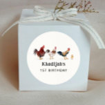 Chicken Kids Birthday Party Favour  Classic Round Sticker<br><div class="desc">Cute farm theme kid's birthday party favour sticker featuring watercolor illustration of chickens and a chick.</div>