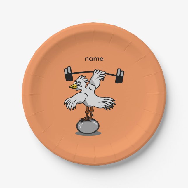 Chicken lifting weights paper plate (Front)