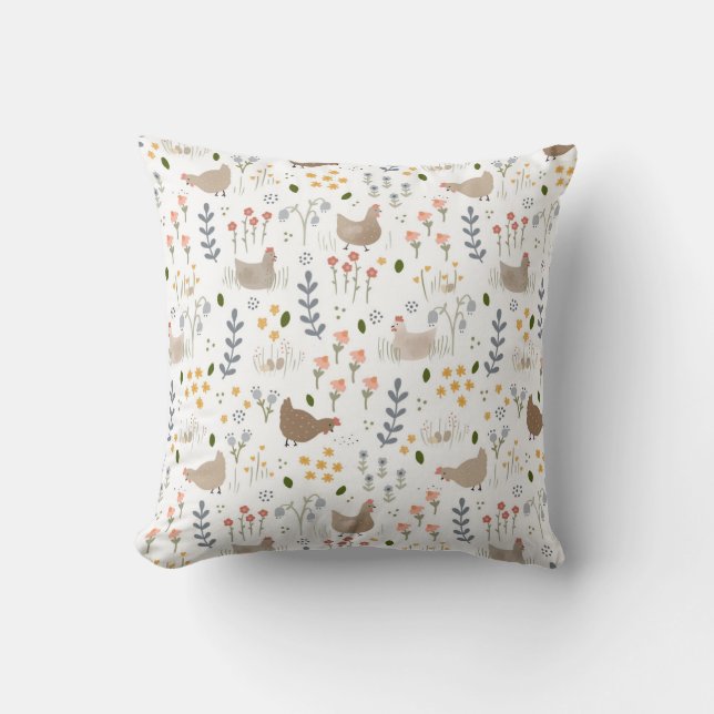 Chicken Lovers Farmyard Animal Pretty Floral Cushion (Front)