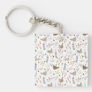 Chicken Lovers Farmyard Animal Pretty Floral Key Ring
