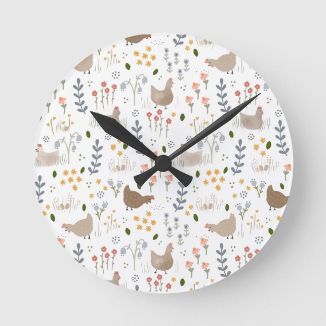 Chicken Lovers Farmyard Animal Pretty Floral Round Clock (Front)
