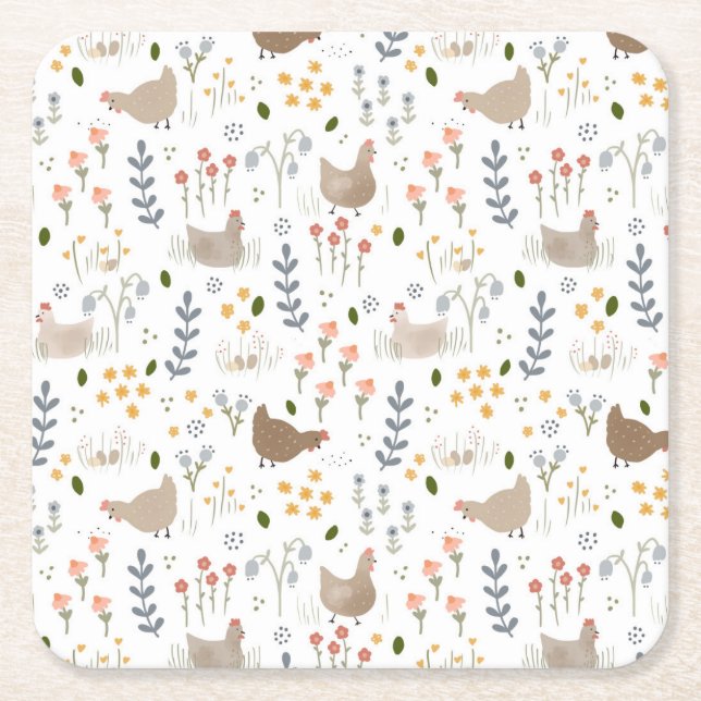 Chicken Lovers Farmyard Animal Pretty Floral Square Paper Coaster (Front)