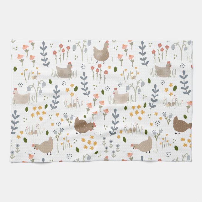 Chicken Lovers Farmyard Animal Pretty Floral Tea Towel (Horizontal)