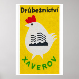 Chicken Matchbox Art Print, Czech Vintage Folk Art Poster